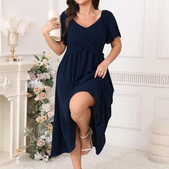 Women Plus Size Midi Dress Short Sleeve V Neck Flowy A Line Smocked Summer - Picture 4 of 5